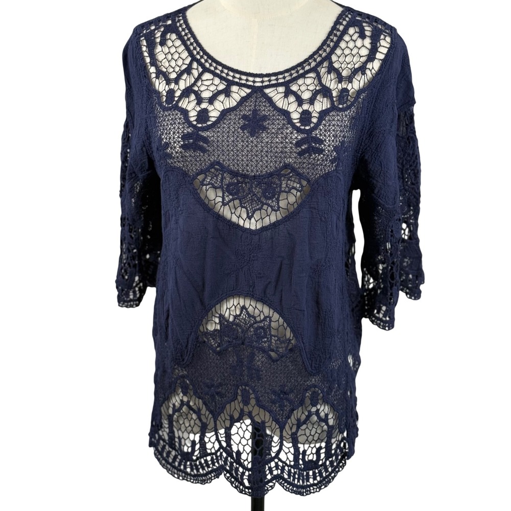 Cupio Womens Large Crochet Lace Top Navy Blue Sheer Gothic Boho Festival Hippie